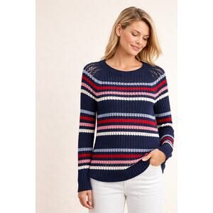 Talbots Petite Medium Open Knit Cotton Sweater Navy Striped Lightweight Preppy